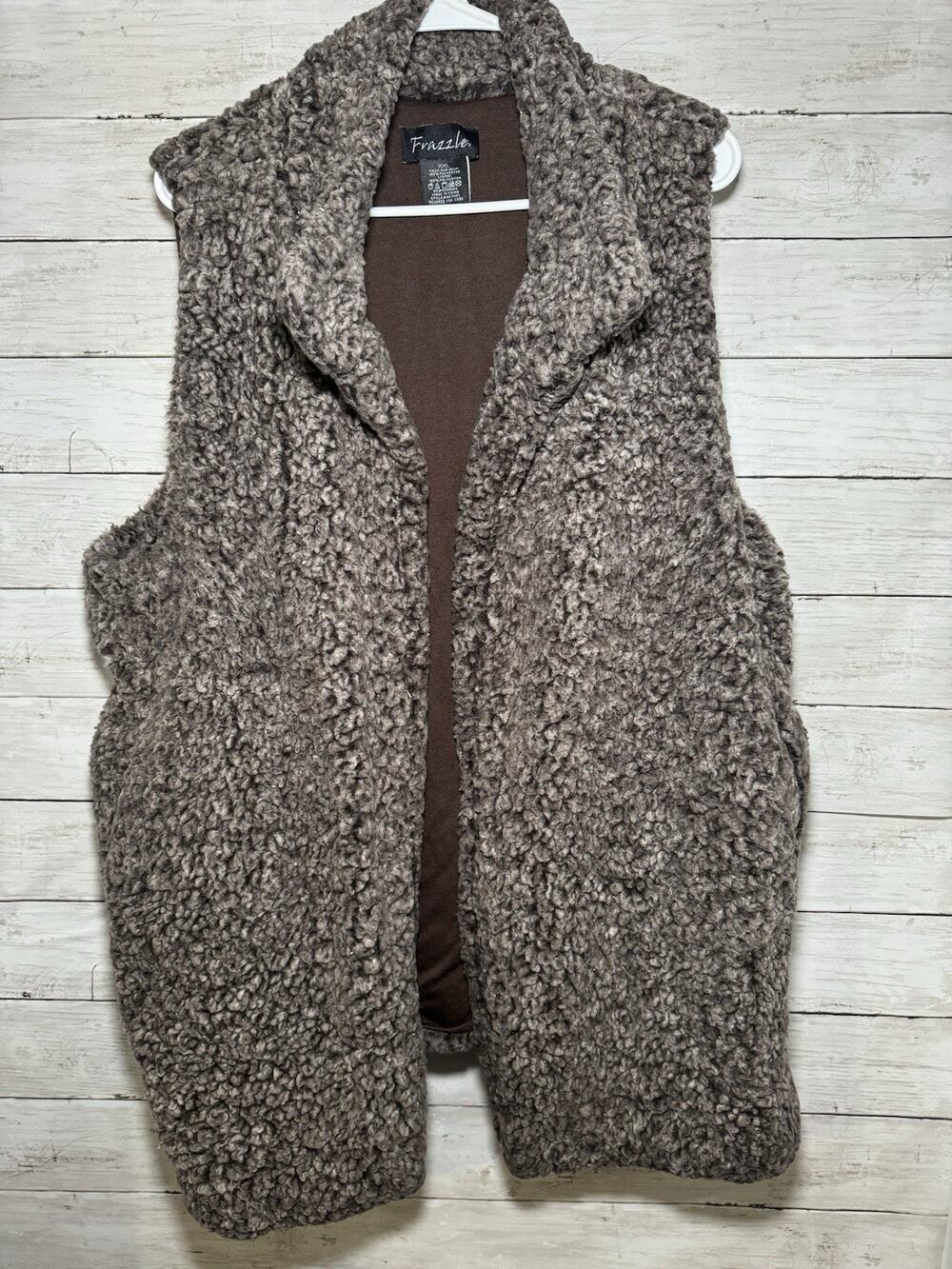 Frazzle Women’s Plus Size 2XL Faux Fur Open Vest Warm Cozy XXL Brown Pockets 2X